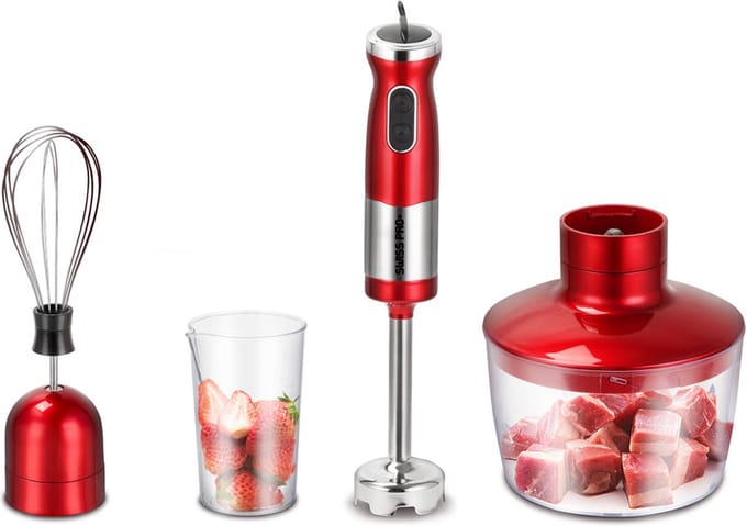 Swiss Pro+ - Multifunctionele staafmixer met blender en klopper - Wine Red - 700 W - RVS - mixer
