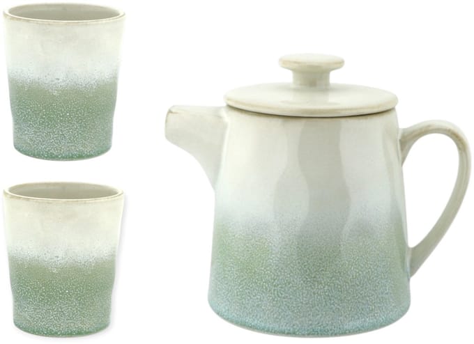 Home Society - Theeset - Theepot - 2 mokken - Keramiek - Wit/celadon
