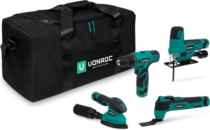 VONROC Gereedschap set 12V - Incl. 4 machines, 4 accu’s en toolbag