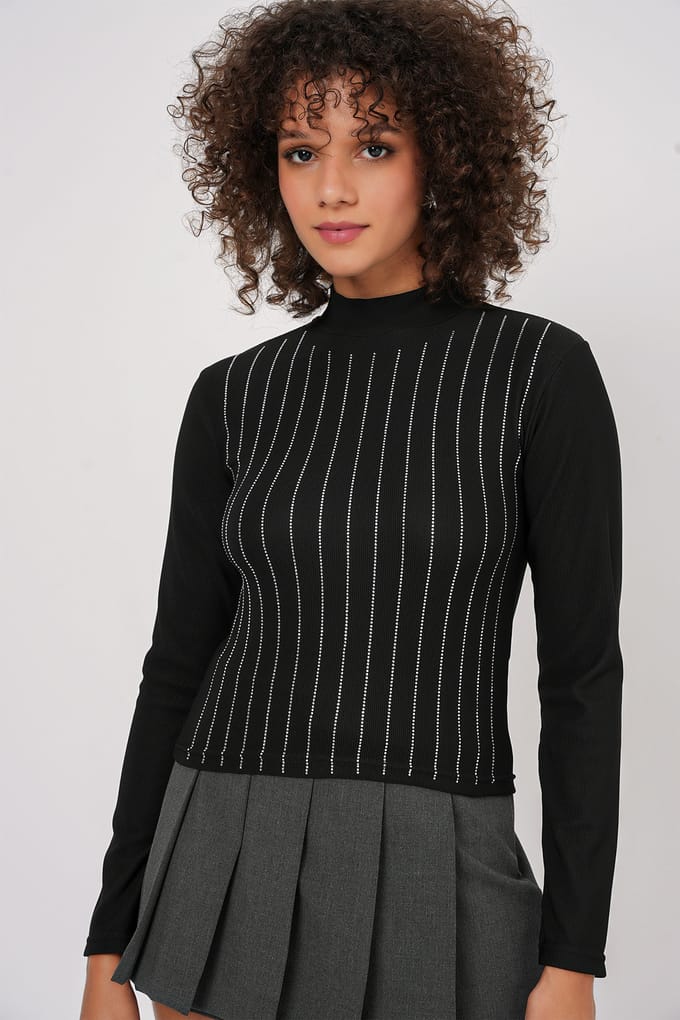 Gestreepte Halve Col Lange Mouw Top met Steenvormige Detail