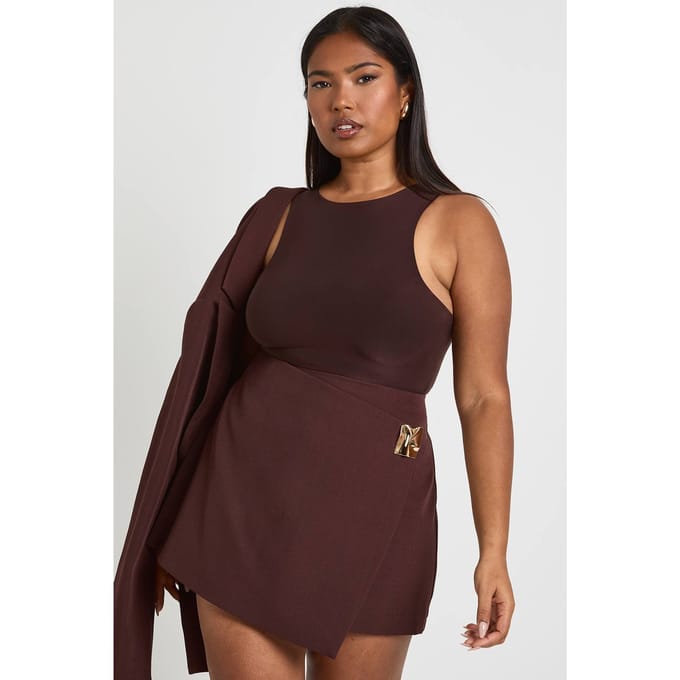 boohoo Dames Plus Skort met gouden afwerking | Chocoladebruin | Maat: 48