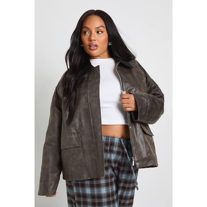 boohoo Dames Jas met kraag en plus-stikseldetail | Charcoal | Maat: 20
