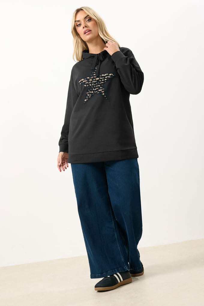 Yours Zwarte Hoodie Met Ster In Luipaardprint Size 48