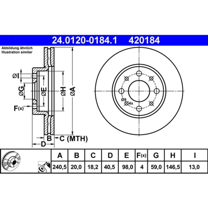 Remschijf ATE 24.0120-0184.1 voorkant, geventileerd, 1 Stuk