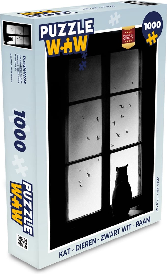 Puzzel Kat - Dieren - Zwart wit - Raam - Legpuzzel - Puzzel 1000 stukjes volwassenen