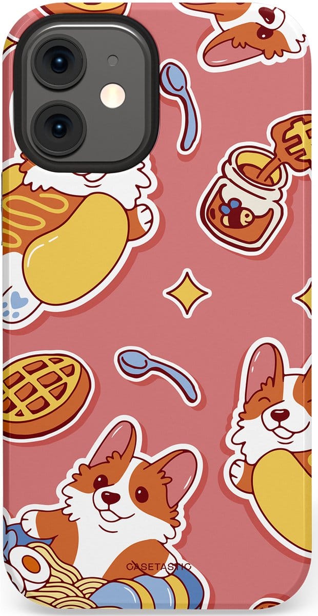 Casetastic hoesje geschikt voor Apple iPhone 12 Mini - Dubbellaagse bescherming - Corgi snacks - Fashion Case - Koraal Terracotta Lichtgrijs Goud