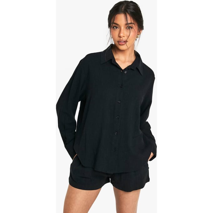 boohoo Dames Premium linnen oversized shirt | Black | Maat: 10