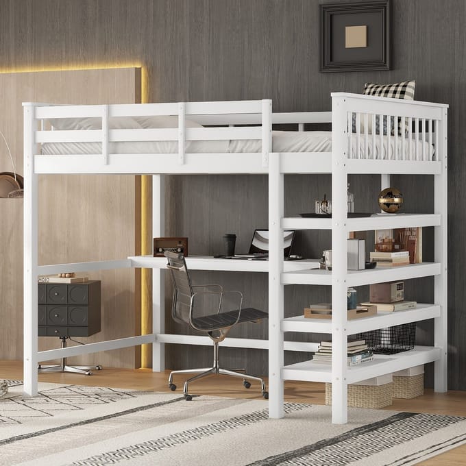 Hoogslaper 140x200 - Kinderbed met Opbergvakken en Bureau - Hout - Wit