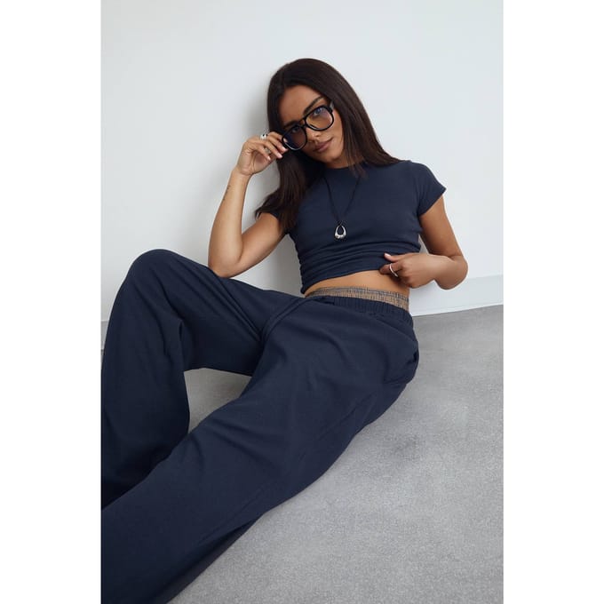 boohoo Dames Geribbelde broek met wijde pijpen | Marineblauw | Maat: 40
