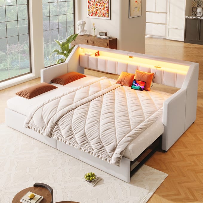 MODFU Bedframe 90/180x200 cm – Beige linnen met uitschuifbed – USB, Type-C & LED – 2 lades & tassen