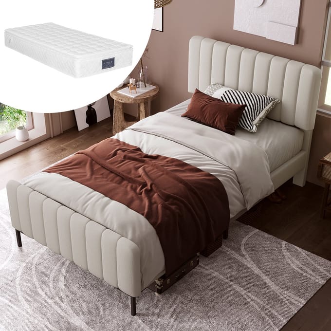 REDOM Bedframe 90x200 cm van linnen – Met verstelbaar hoofdbord (ca. 6 cm) en lattenbodem – Grijs-Beige