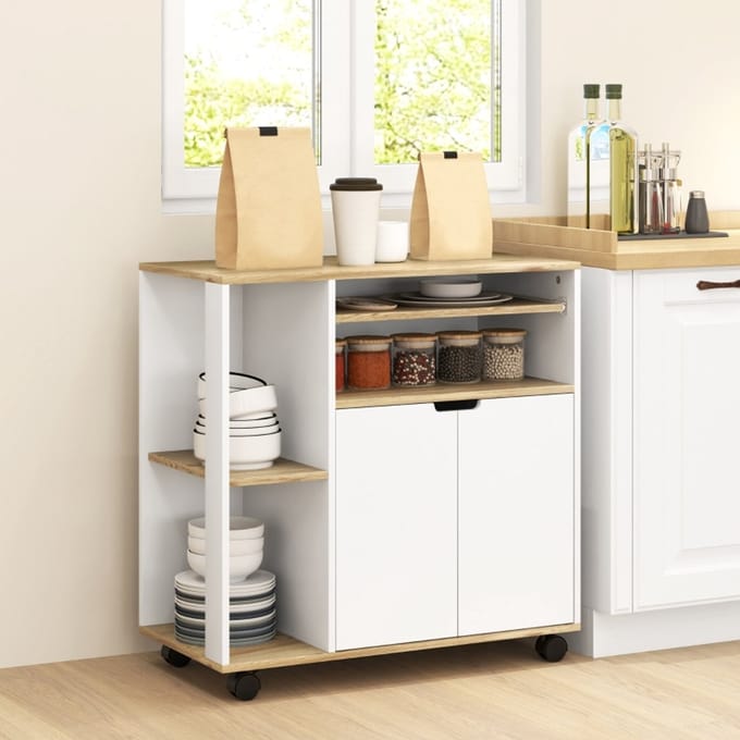 MODFU Keukenwagen Met Opbergruimte En Verstelbare Plank - Minimalistisch - Hout En Wit - 80 x 40 x 82 cm
