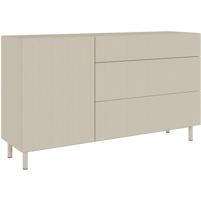Selsey Veldio New – Dressoir met 1 deur, groefstructuur en 3 lades, Greige, 140 cm