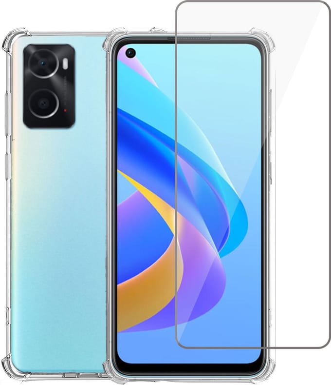 Geschikt voor Oppo A76 Hoesje + Screenprotector – Gehard Glas Cover – Shock Proof Case – Transparant