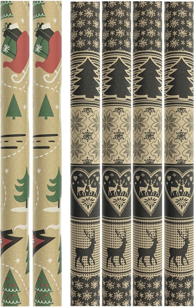 Assortiment kraft cadeaupapier - inpakpapier kerstpapier HO202201 - 2 meter x 70 cm - 6 rollen