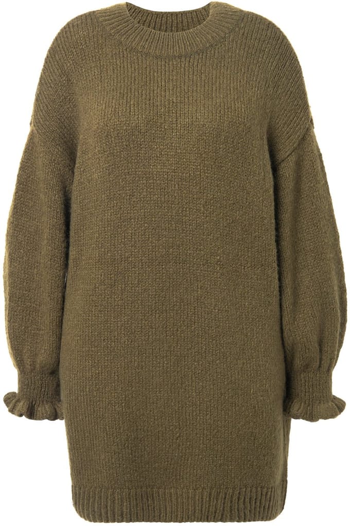 Studio Untold - Dames - Gebreide jurk oversized mouwen met ruches - Donkerolijf - Maat 46+