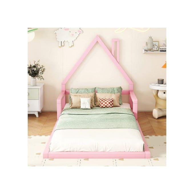 Kinderbed - MUVOE - 90x200cm - Massief grenenhout - Huisvorm - Roze roze