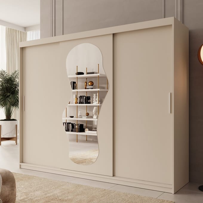 Meubella - Kledingkast Ulysses - Beige - 250 cm - Met spiegel