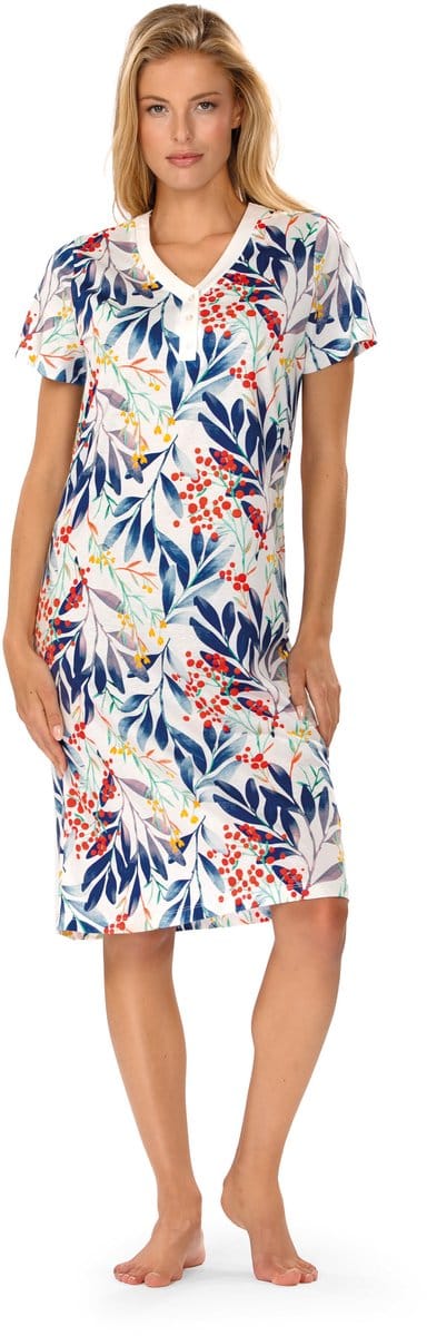 Ascafa Nachthemd 'Cheerful Berries' - Dames Nachtmode - Korte Mouw - Wit - Maat 48