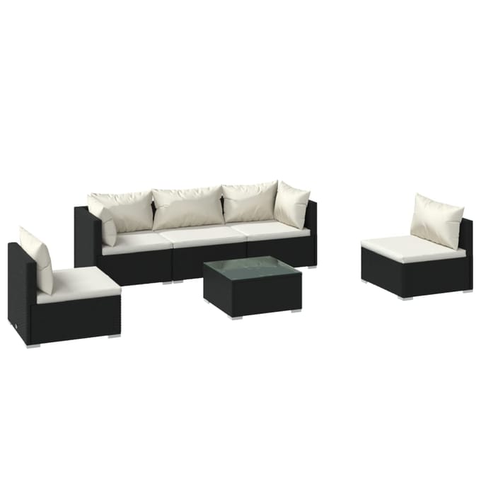 vidaXL - 6-delige - Loungeset - met - kussens - poly - rattan - zwart