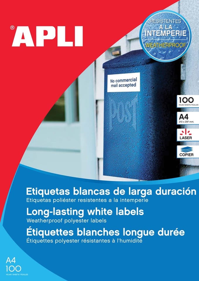 Apli Weerbestendige etiketten formaat 210 x 297 mm (b x h) 100 stuks 1 per blad doos van 100 blad