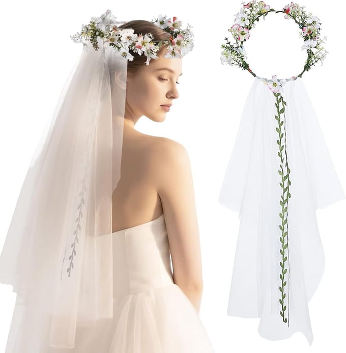 Bruidssluier Bloemkrans - Bruidskapsel Accessoire - Feestelijke Gelegenheden - Handgemaakt Romantisch Design - 90cm Sluierlengte - Wit