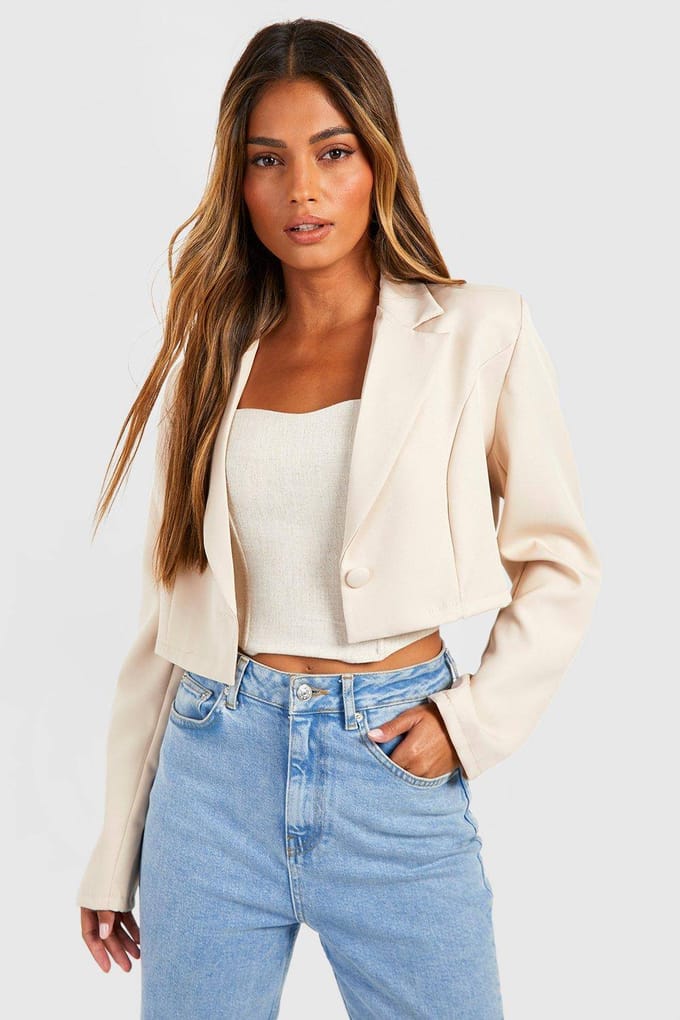 Dames Boohoo Basics Geweven Enkelknop Crop Blazer | Steen | Maat: 44