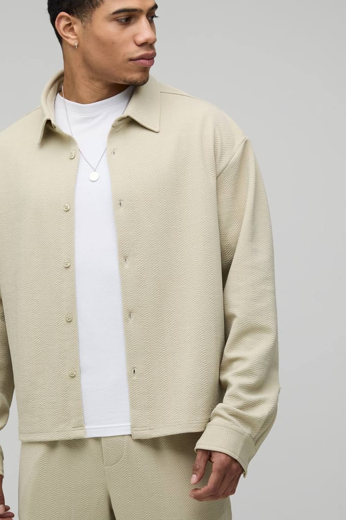 Jersey Visgraat Oversized Boxy Shirt & Relaxed Broek Set | Stone | Size Medium