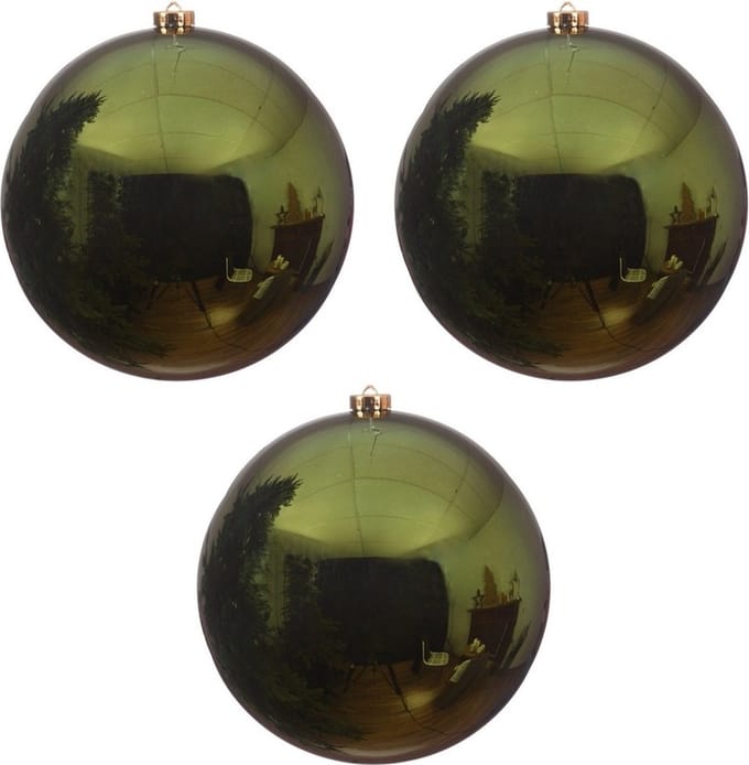 Decoris Kerstbal - 3x - donkergroen - groot - 14 cm - kunststof - glans - kerstversiering