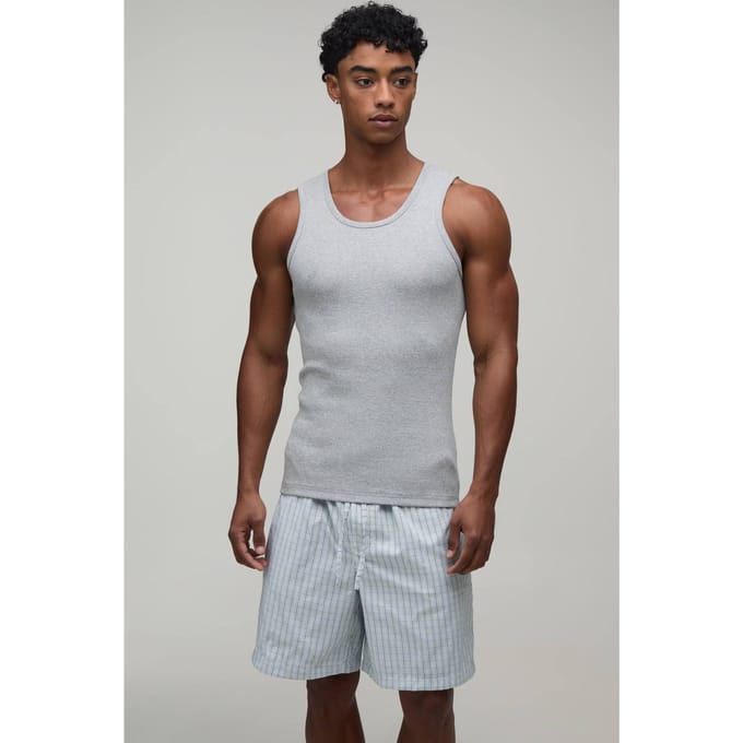Geribbeld Muscle Fit Hemd & Ruime Lounge Short Set | Grey Marl | Size Medium