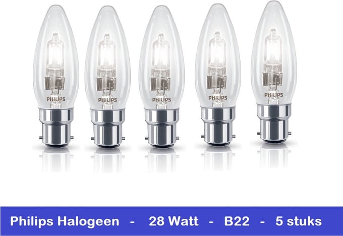 PHILIPS HALOGEEN KAARS - 5 STUKS - B22 BAJONET FITTING - 28 WATT - DIMBAAR - 5 x 8718291737575