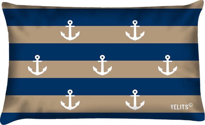 Buitenkussen Denim Original blauw beige waterafstotend 40x60cm bootkussen streep ankers wit