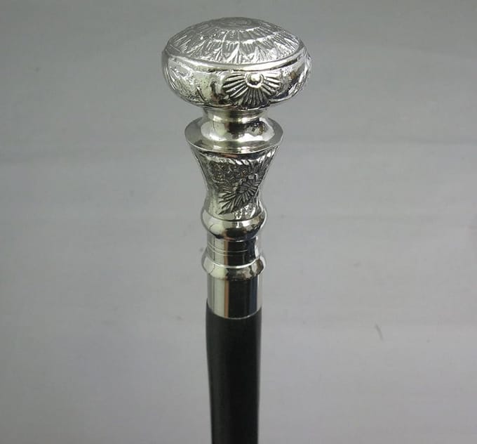 Medieval Replica Walking Stick with Silver Floral Button - Elegant Black Design