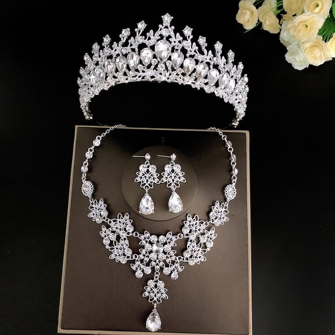 Prinses Bruidssieradenset Dames Mode Tiara Bruiloft Ketting Set Kroon Oorbellen Bruids Ketting Set Gala black