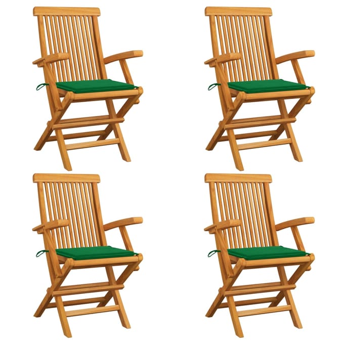 vidaXL - Klapstoelen - met - groene - kussens, - 4 - stuks, - massief - teakhout