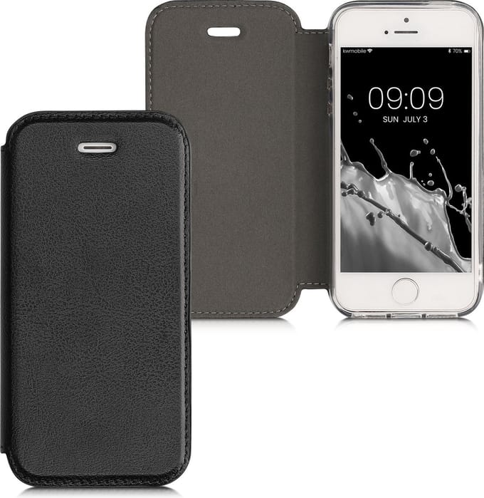 kwmobile Flip Case Compatible with Apple iPhone SE (1st Gen. 2016) / iPhone 5 / 5S - Smooth PU Leather Protective Folio Cover with Stand Feature - Black