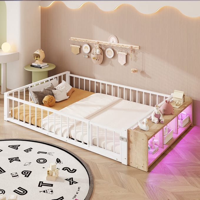 MODFU Kinderbed 140x200 cm – Met open opbergruimte & LED – Beschermrand – Minimalistisch design – Wit