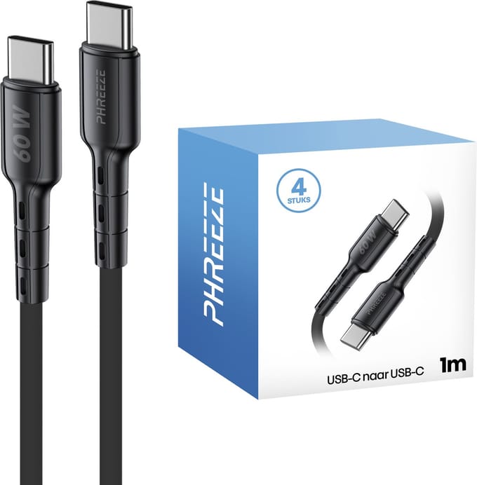 Flexibele usb C kabels 1 meter - 4 pack - 66w fast- en quick charge - Usb C naar usb C - Oplaadkabel Phreeze