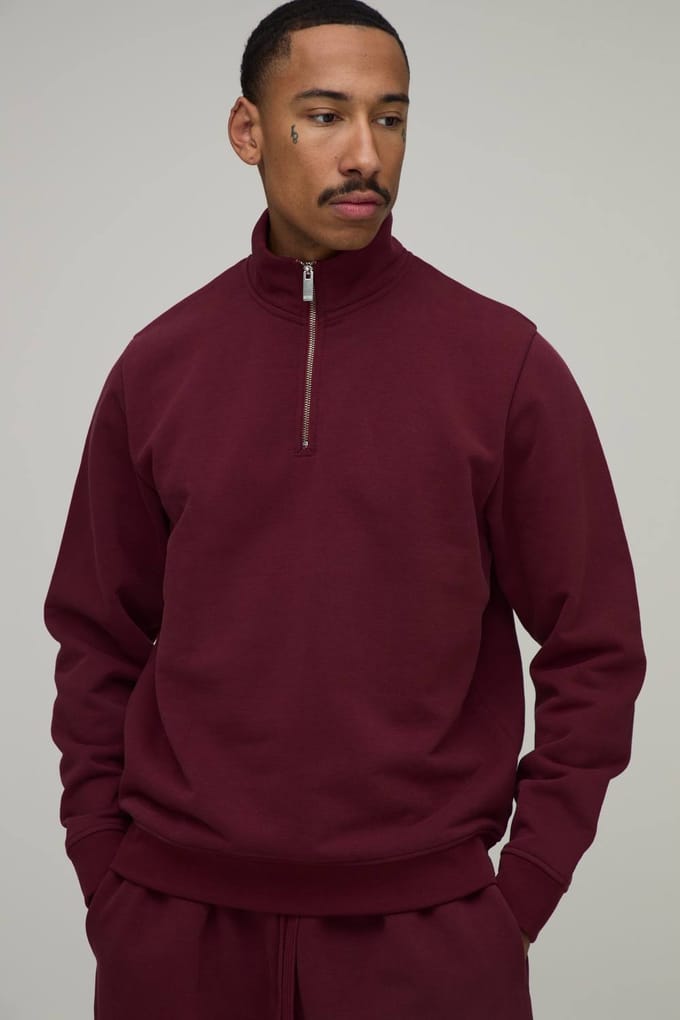Regular Fit Premium 480gsm 1/4 Zip Funnel Neck Sweatshirt | Burgundy | Size Large