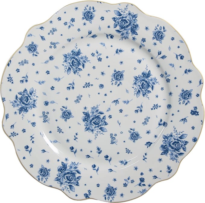 Clayre & Eef Dinerbord Ø 27 cm Wit Blauw Porselein Roosjes