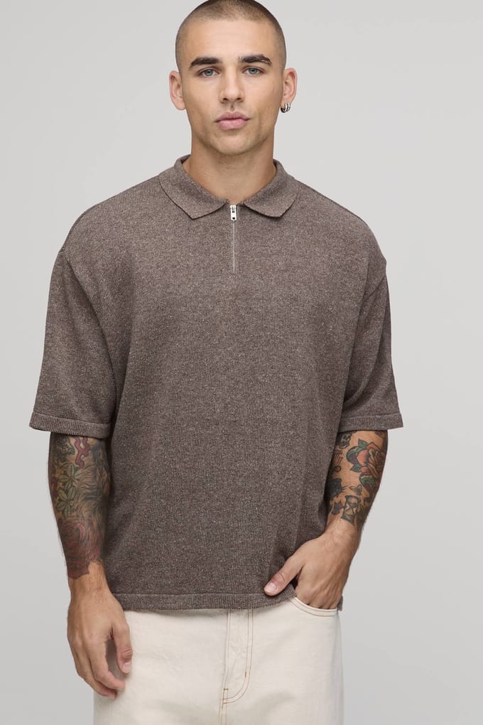Oversized Boxy 1/4 Zip Cotton Blend Knitted Polo T-Shirt | Brown | Size Small