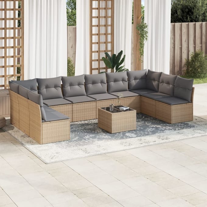 vidaXL - 11-delige - Tuinset - met - kussens - poly - rattan - beige