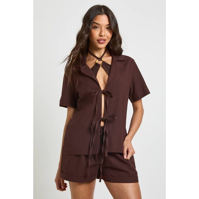 boohoo Dames Linnen Strik-voor Strandco-ord | Chocoladebruin | Maat: 44