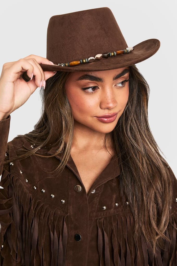 boohoo Dames Westernhoed met kralenranddetail | Chocoladebruin