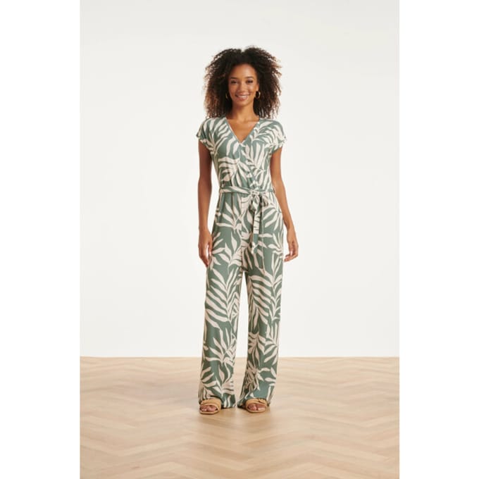 Smashed Lemon Groene stretch jumpsuit met bladprint en ceintuur |