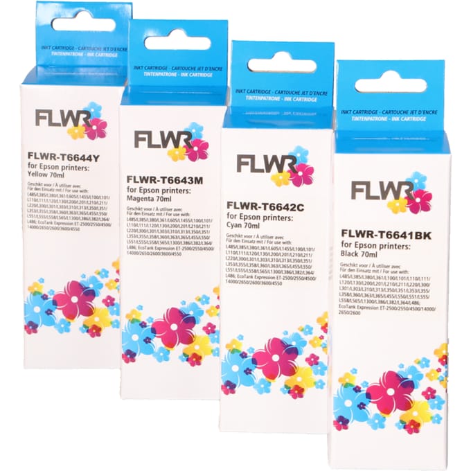 FLWR - Inktflesjes / T664 / 4-pack Zwart & Kleur - Geschikt voor Epson