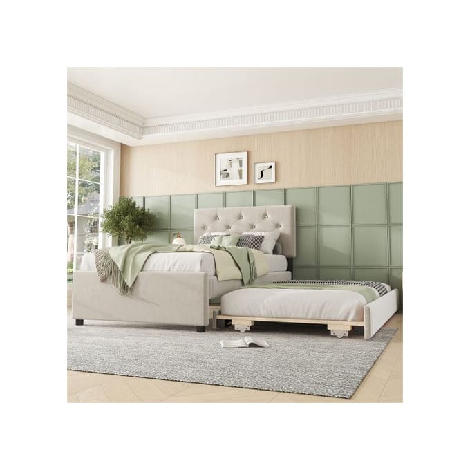 Lit - MUVOE - 90x200cm - Velours Beige - Lit à roulettes - Minimaliste beige