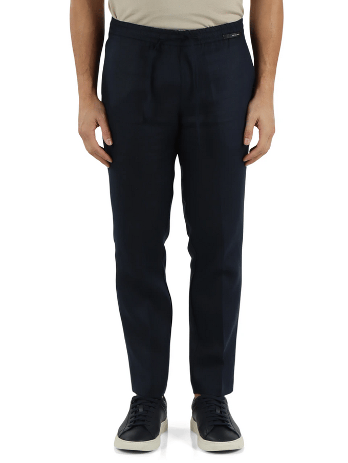 blauwe man linnen broek
