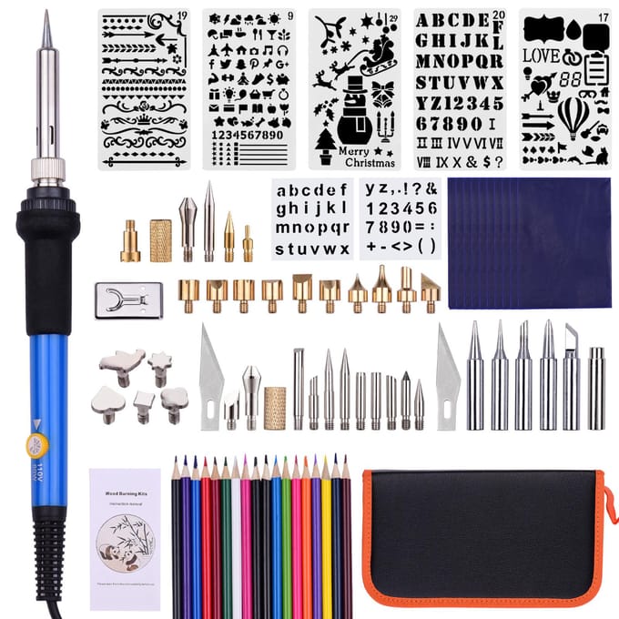 79PCS houtverbrandingsgereedschapsset Professionele Pyrography Pen Soldeerbout Set Verstelbare temperatuur US Plug blauw