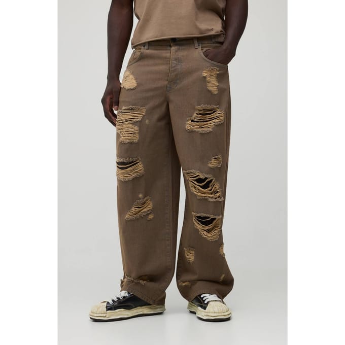 Verstelbare Taille Gewassen Extreem Gescheurde Super Baggy Jeans | Stone | Size 28R
